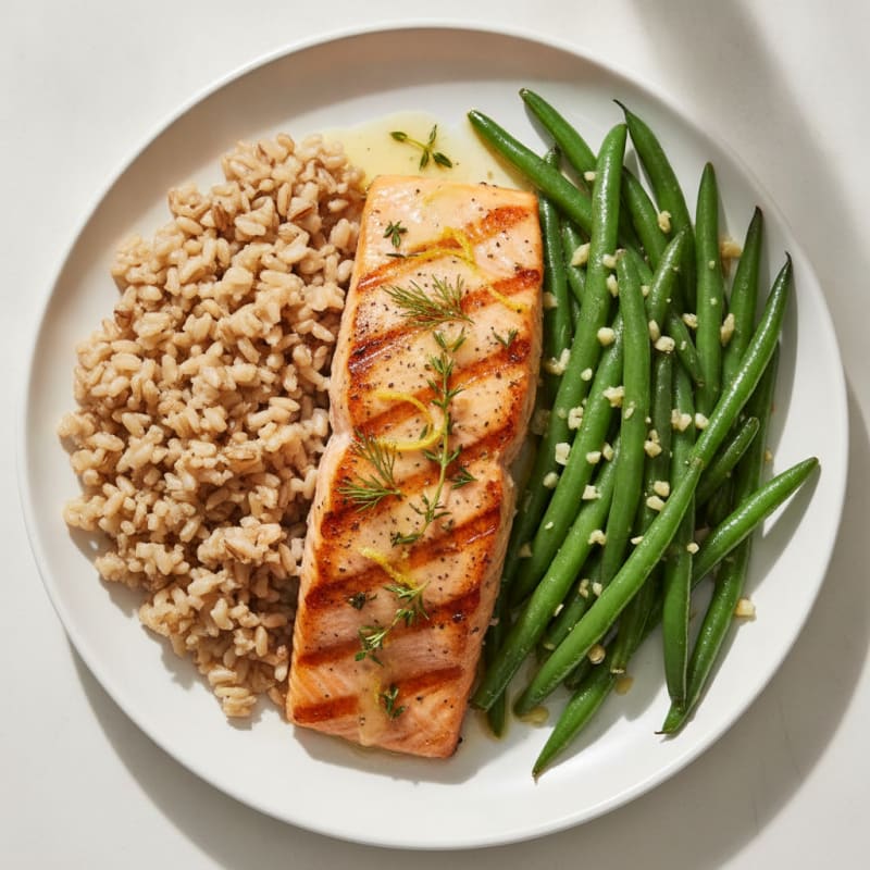Grilled Salmon Fillet with Garlic Green Beans and Brown Rice
