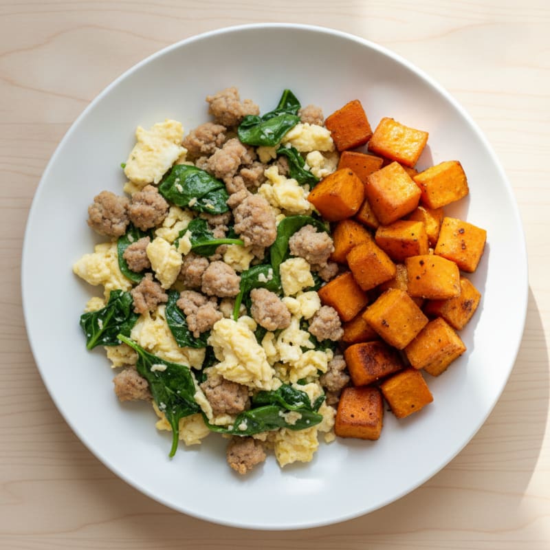 Egg White and Turkey Sausage Scramble with Spinach and Roasted Sweet Potatoes