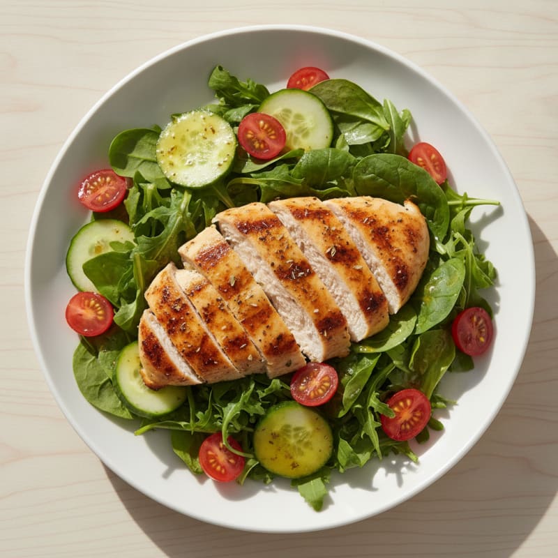 Grilled Chicken Breast Salad with Mixed Greens and Cherry Tomatoes