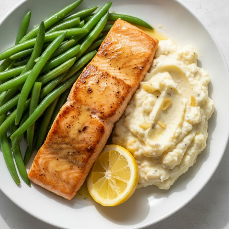 Seared Salmon with Steamed Green Beans and Garlic Mashed Cauliflower
