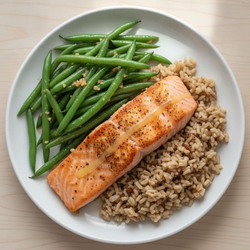 Seared Salmon with Garlic Green Beans and Brown Rice