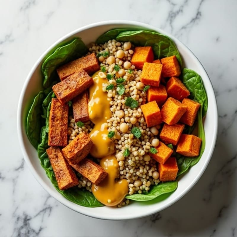 Roasted Sweet Potato and Crispy Chickpea Bowl with Tangy Tahini Dressing