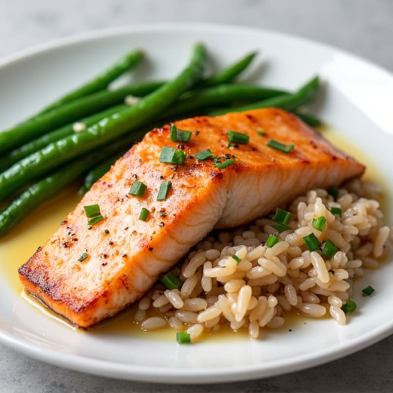 Seared Salmon with Garlic Green Beans and Brown Rice