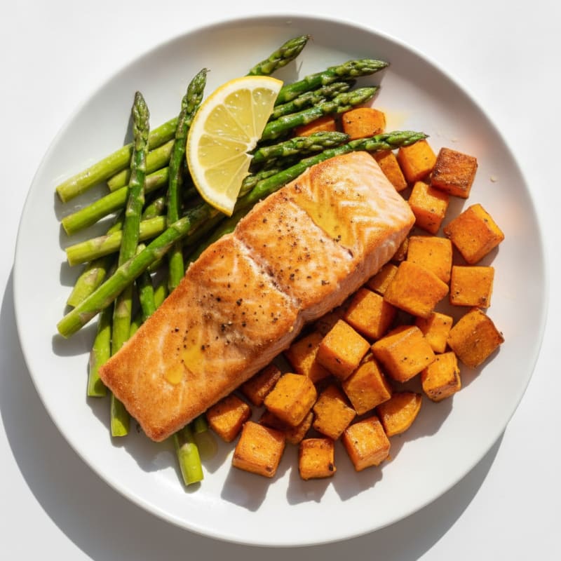 Seared Salmon Fillet with Roasted Sweet Potatoes and Asparagus