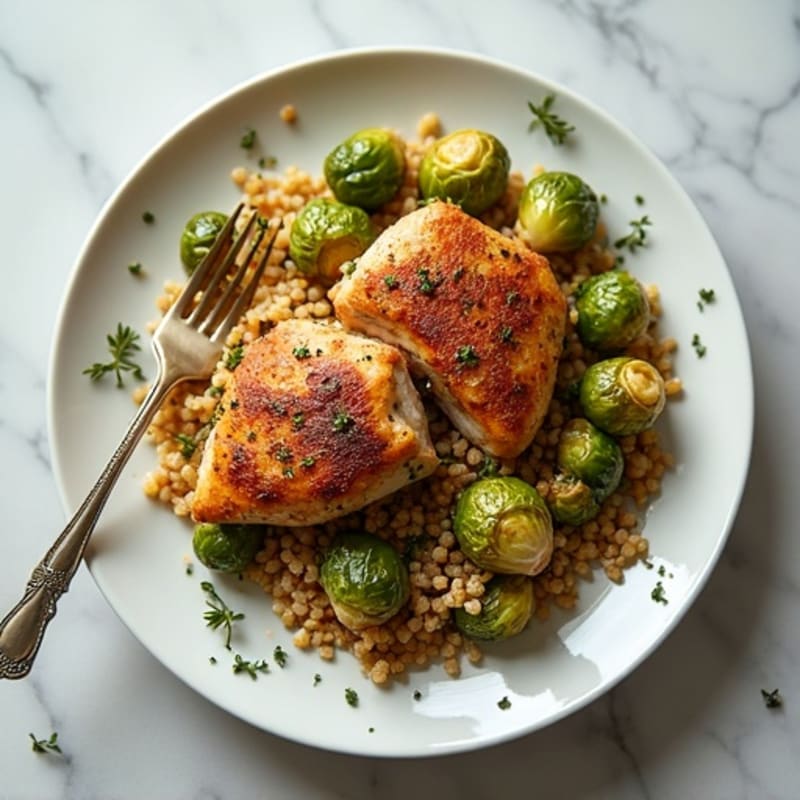 Herb-Roasted Chicken Thighs with Crispy Brussels Sprouts and Quinoa