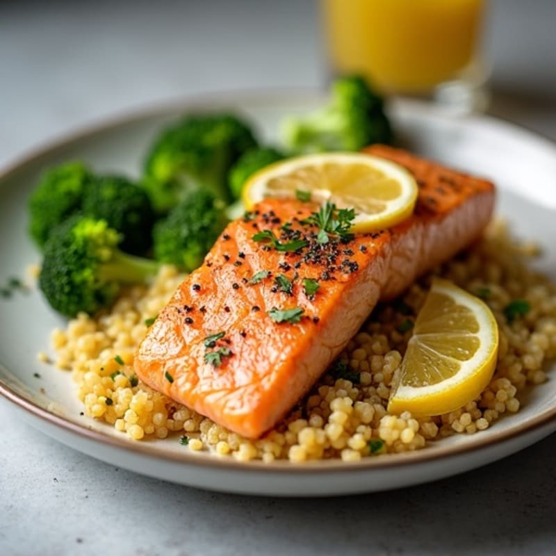 Seared Wild Salmon Fillet with Steamed Broccoli and Lemon Quinoa