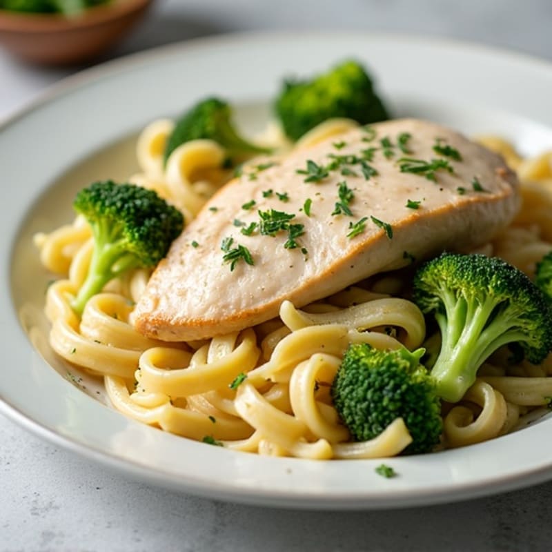 Healthy Creamy Chicken Alfredo with Roasted Broccoli