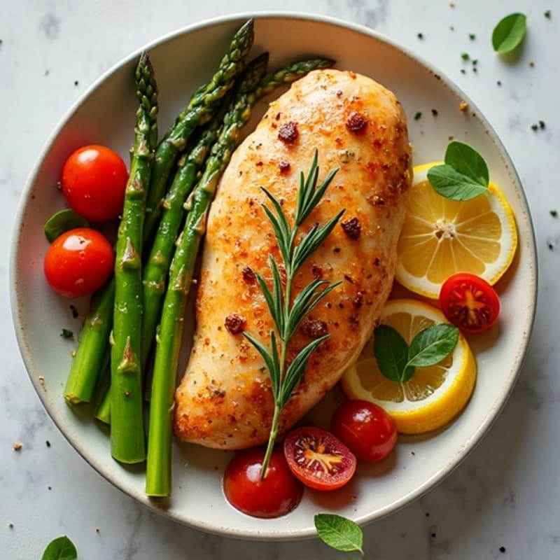 Crispy Lemon-Herb Roasted Chicken with Tender Asparagus and Cherry Tomatoes