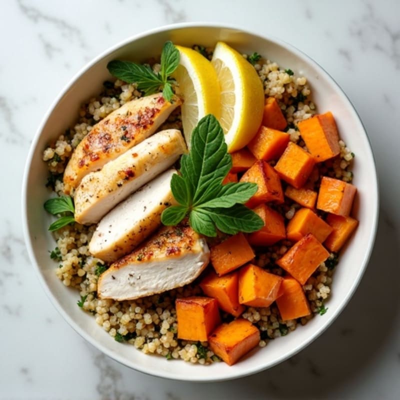 Lemon Herb Chicken & Roasted Sweet Potato Quinoa Bowl