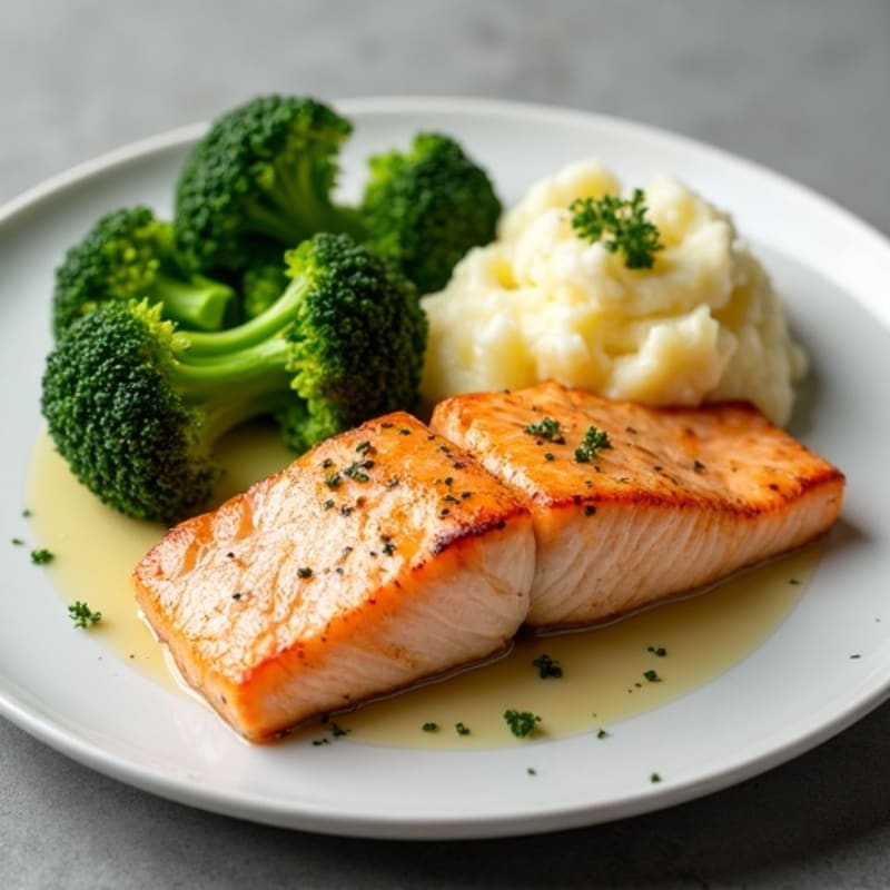 Seared Salmon with Steamed Broccoli and Garlic Mashed Potatoes