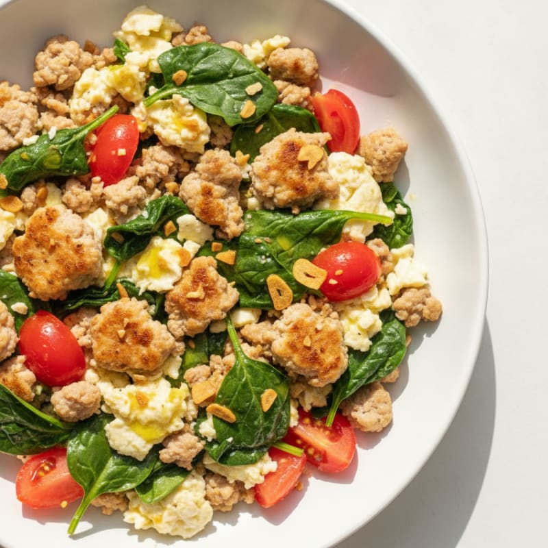 Scrambled Egg Whites with Ground Turkey, Sautéed Spinach and Tomato