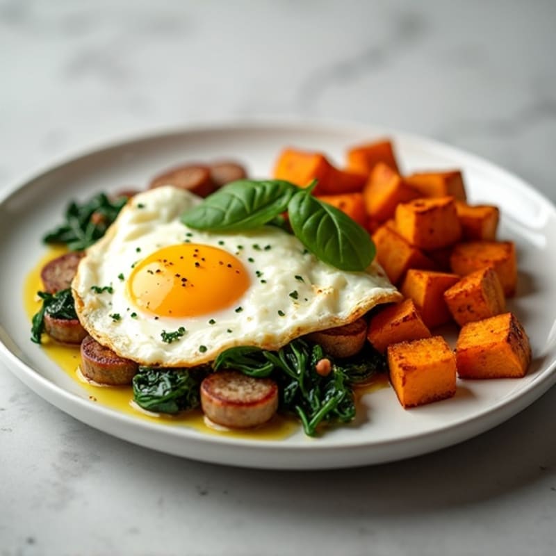 Egg White and Turkey Sausage Scramble with Spinach and Roasted Sweet Potato