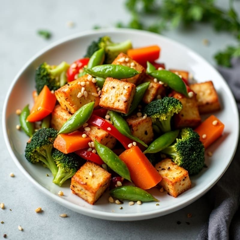 Crispy Sesame Ginger Tofu with Stir-Fried Vegetables