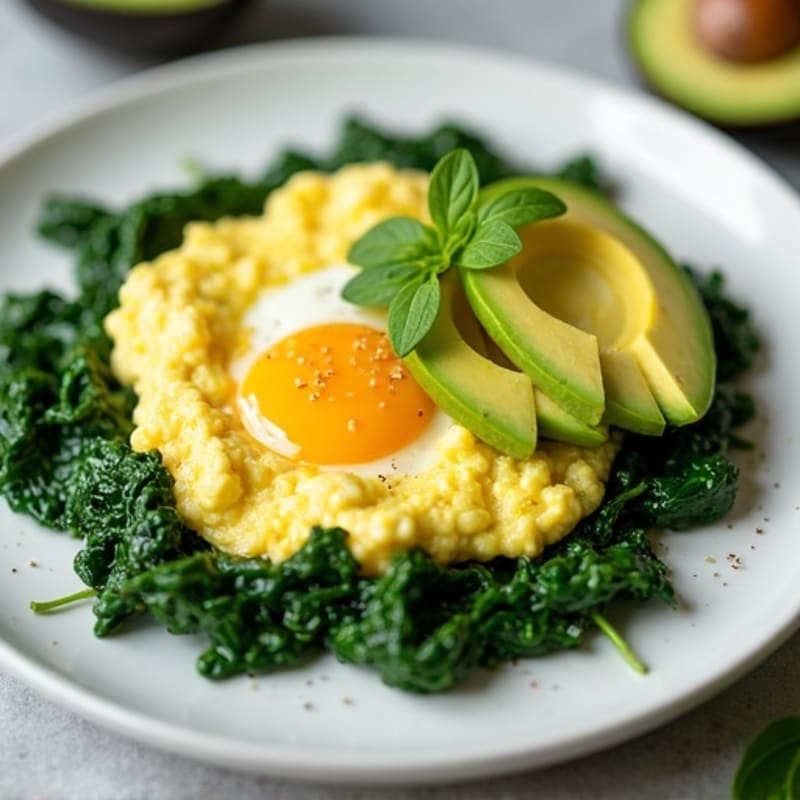 Creamy Scrambled Eggs with Sautéed Spinach and Avocado