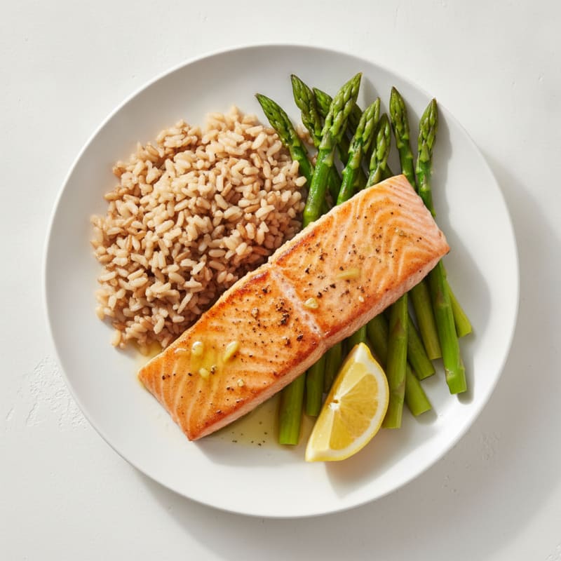 Seared Salmon with Steamed Asparagus and Brown Rice