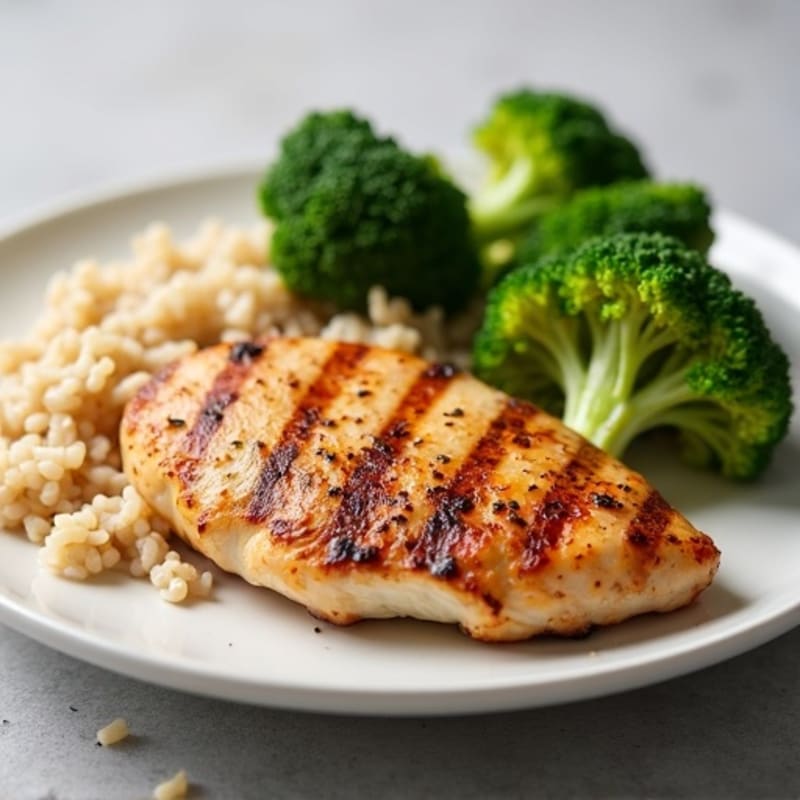 Grilled Chicken Breast with Steamed Broccoli and Brown Rice