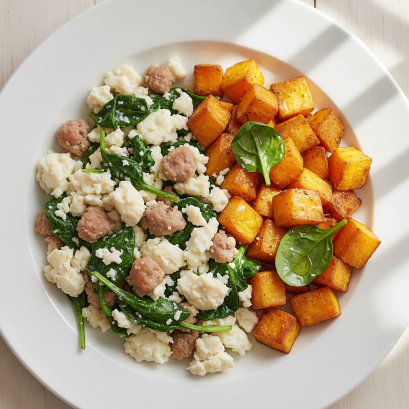 Egg White and Turkey Sausage Scramble with Spinach and Roasted Sweet Potato