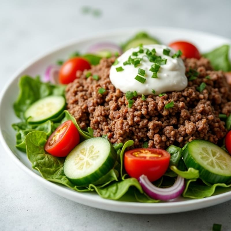 Lean Ground Beef Salad with Crispy Greens and Creamy Tangy Dressing
