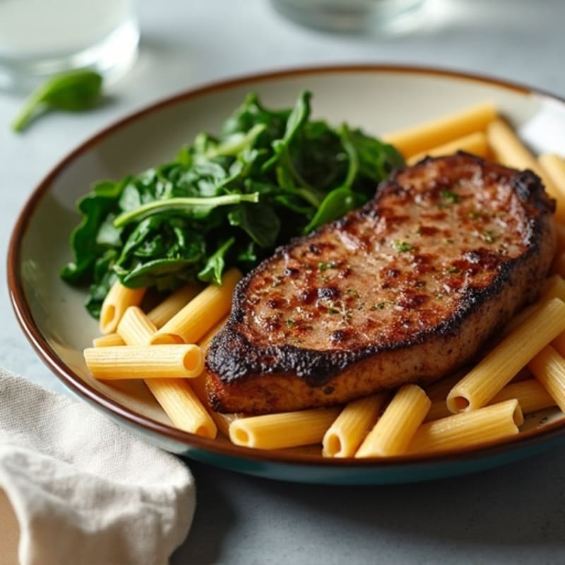 Pan-Seared Sirloin with Whole Wheat Penne and Garlicky Greens