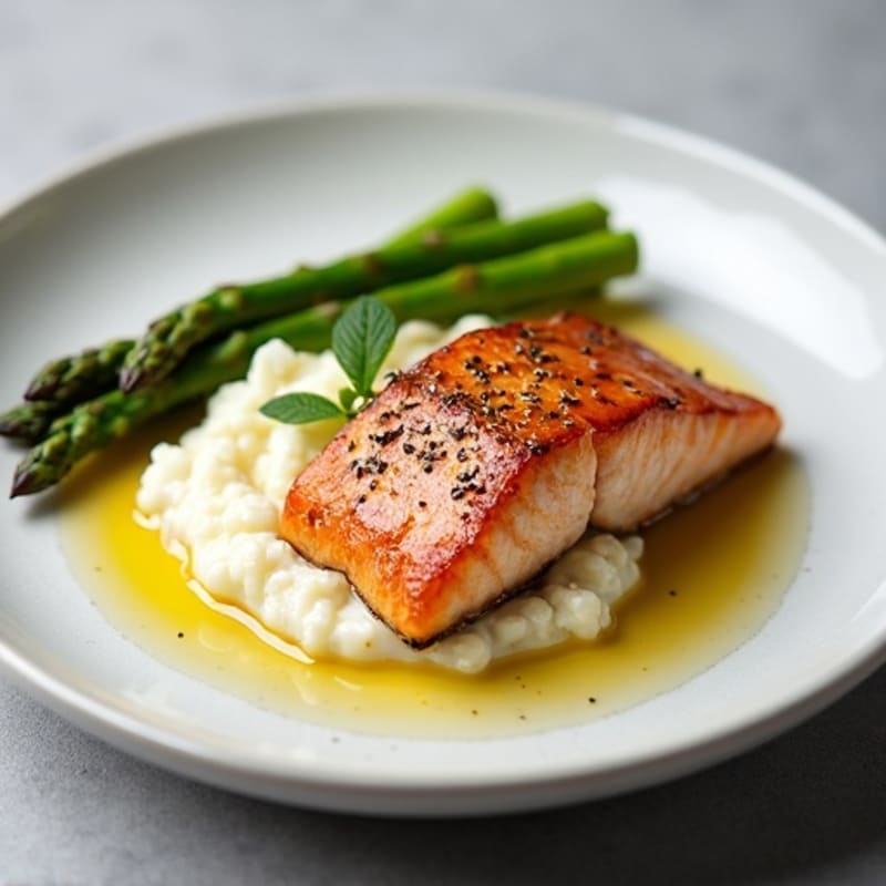 Seared Salmon Fillet with Steamed Asparagus and Cauliflower Mash