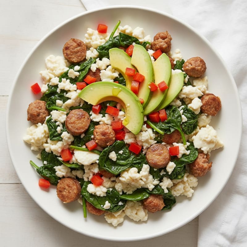 Egg White Scramble with Turkey Sausage and Sautéed Spinach