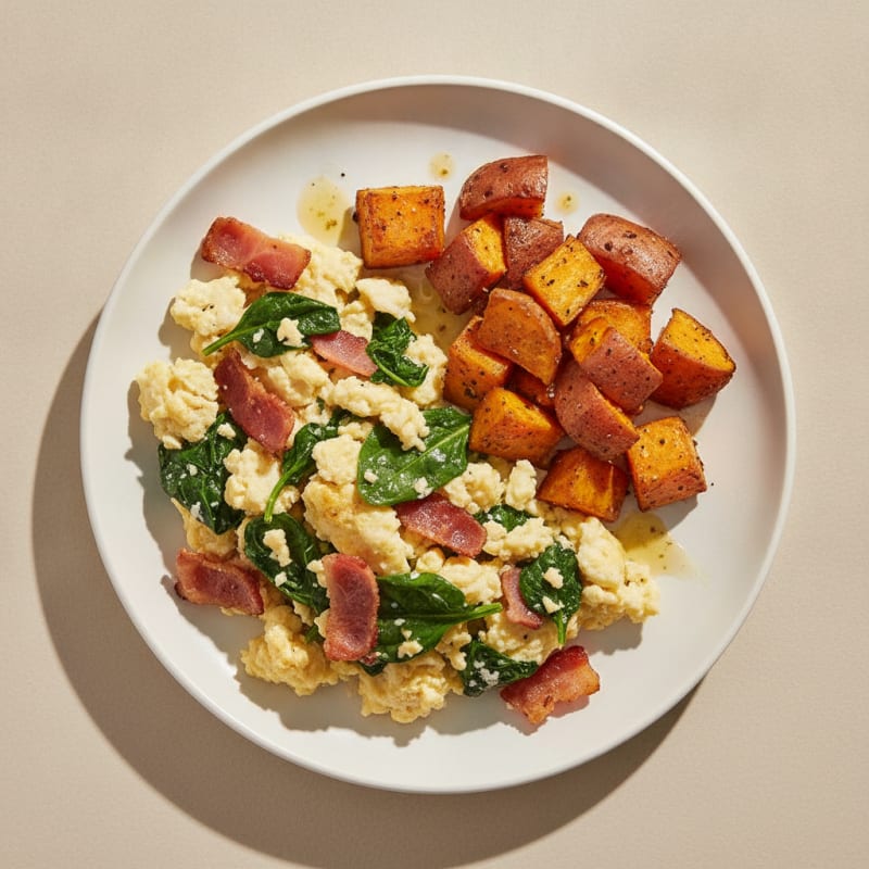 Crispy Turkey Bacon and Egg White Scramble with Roasted Sweet Potatoes