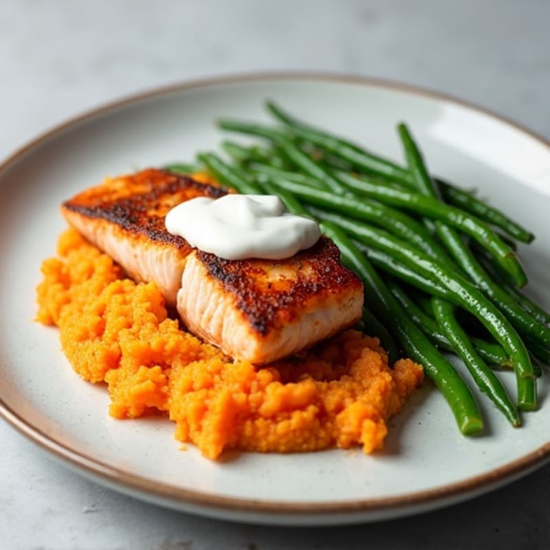 Seared Salmon with Steamed Green Beans and Sweet Potato Mash
