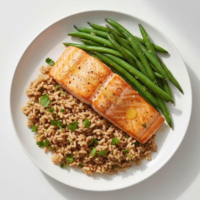 Seared Salmon with Steamed Green Beans and Herb Brown Rice