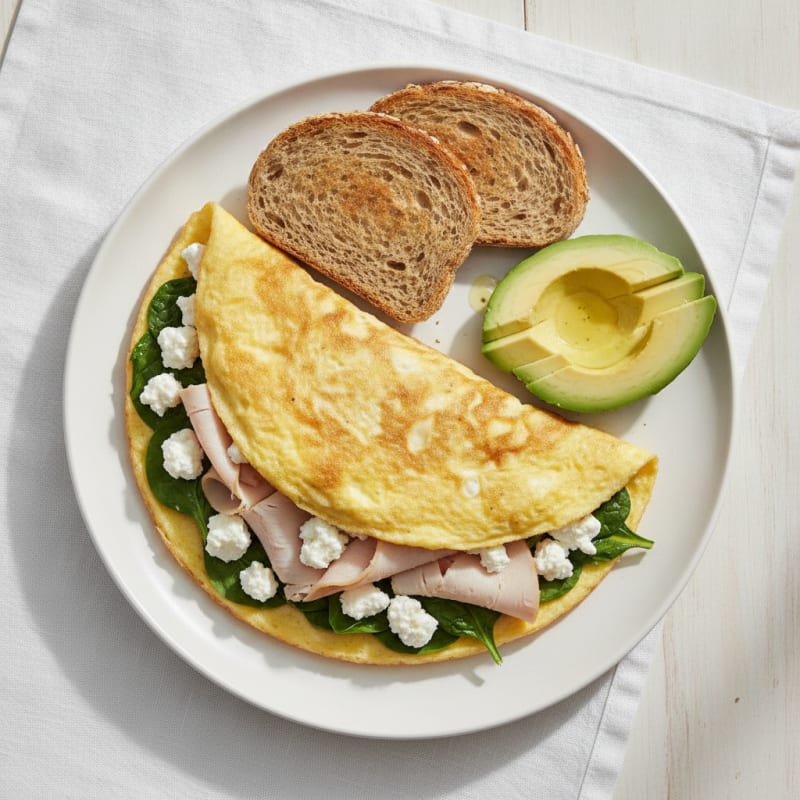 Egg White Spinach Omelette with Cottage Cheese and Sliced Turkey