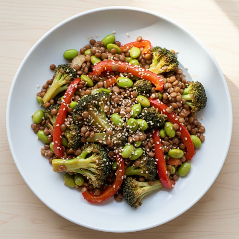 Crispy Lentil and Vegetable Stir Fry with Edamame