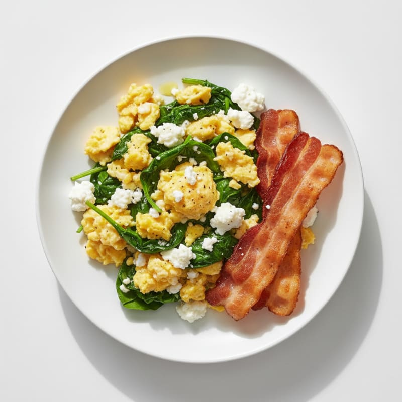 Cottage Cheese Egg Scramble with Spinach and Turkey Bacon