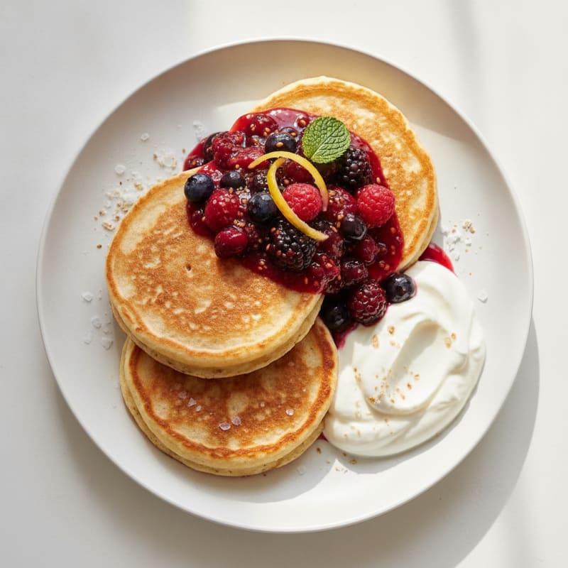 Fluffy Buttermilk-Style Protein Pancakes with Berry Compote