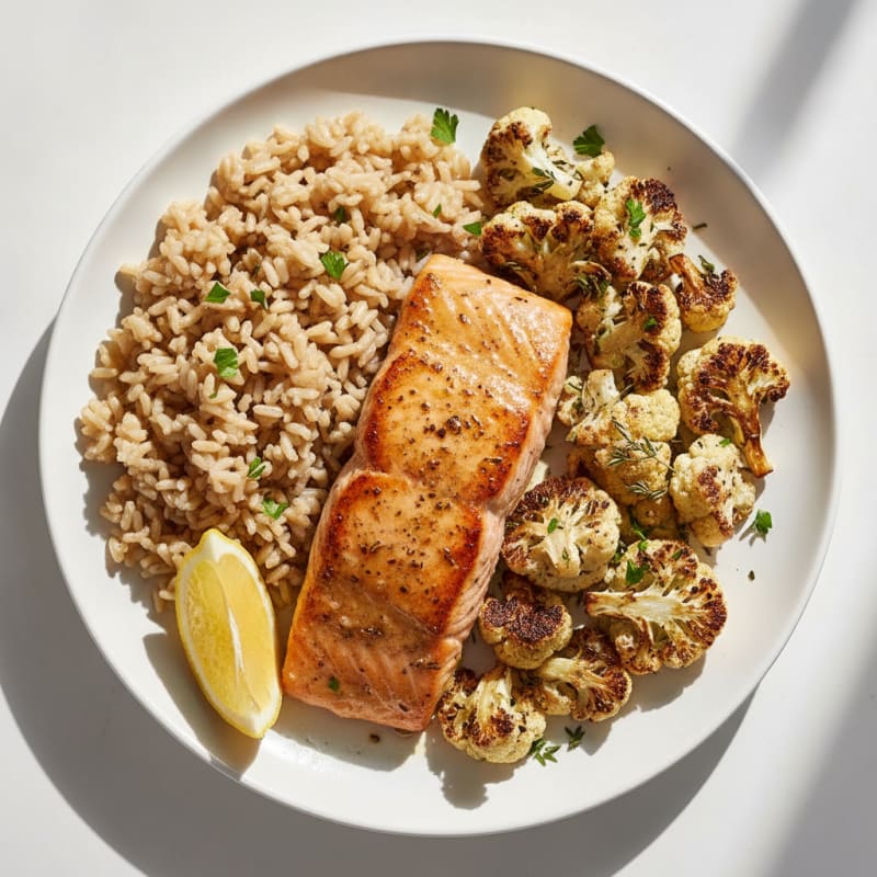 Seared Salmon Fillet with Herb-Roasted Cauliflower and Brown Rice