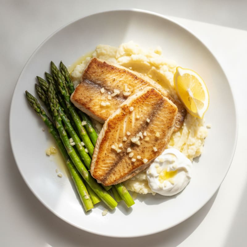 Seared Tilapia with Roasted Asparagus and Cauliflower Mash