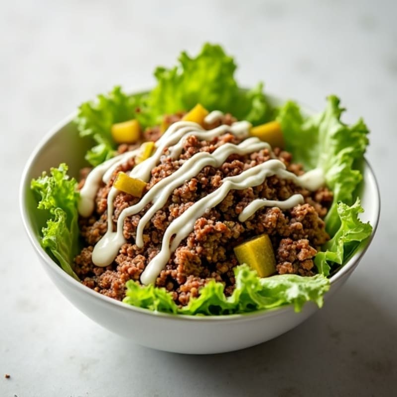 Seasoned Ground Beef Bowl with Crispy Lettuce, Pickles, and Creamy Tangy Dressing