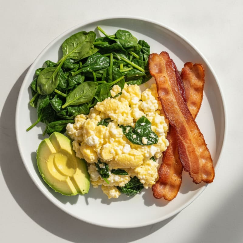 Cottage Cheese Scramble with Sautéed Spinach and Turkey Bacon