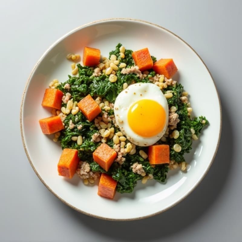 Egg White and Turkey Spinach Scramble with Roasted Sweet Potato