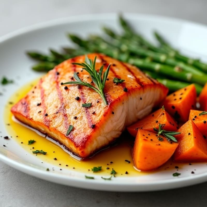 Seared Salmon with Roasted Sweet Potatoes and Asparagus