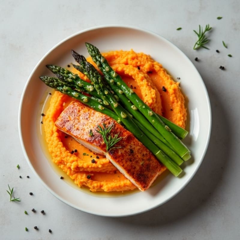 Seared Salmon with Roasted Asparagus and Sweet Potato Mash