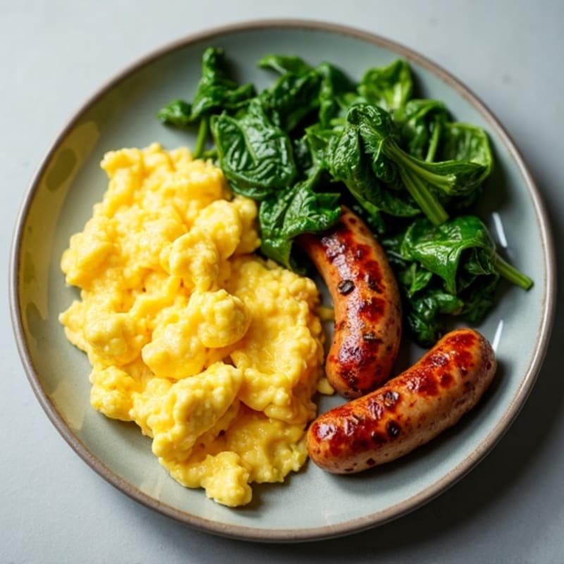 Scrambled Egg Whites with Sautéed Spinach and Grilled Turkey Sausage