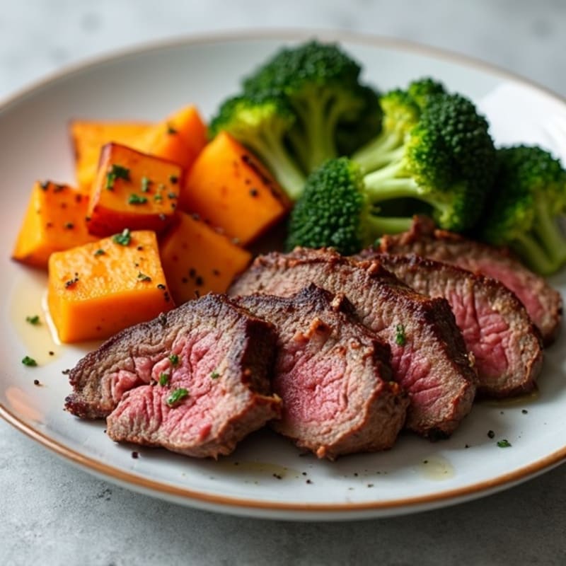 Grilled Beef Strips with Roasted Sweet Potato and Broccoli