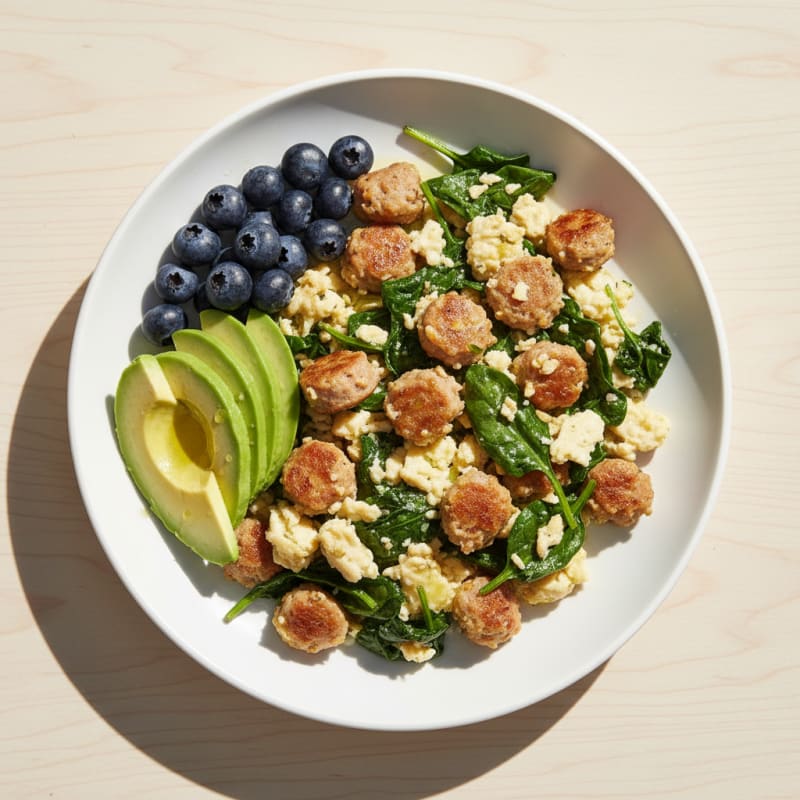 Egg White Scramble with Turkey Sausage and Sautéed Spinach
