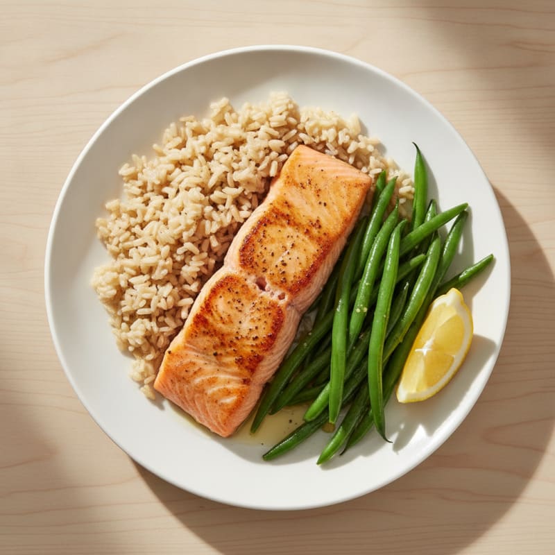 Seared Salmon Fillet with Steamed Green Beans and Brown Rice