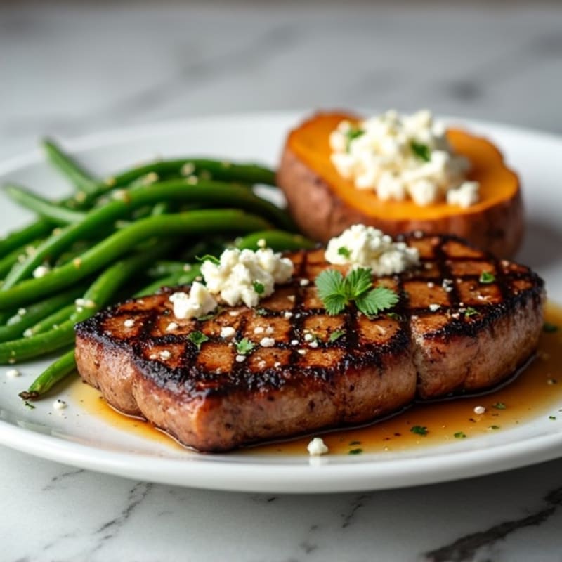 Grilled Sirloin with Garlic Green Beans and Baked Sweet Potato