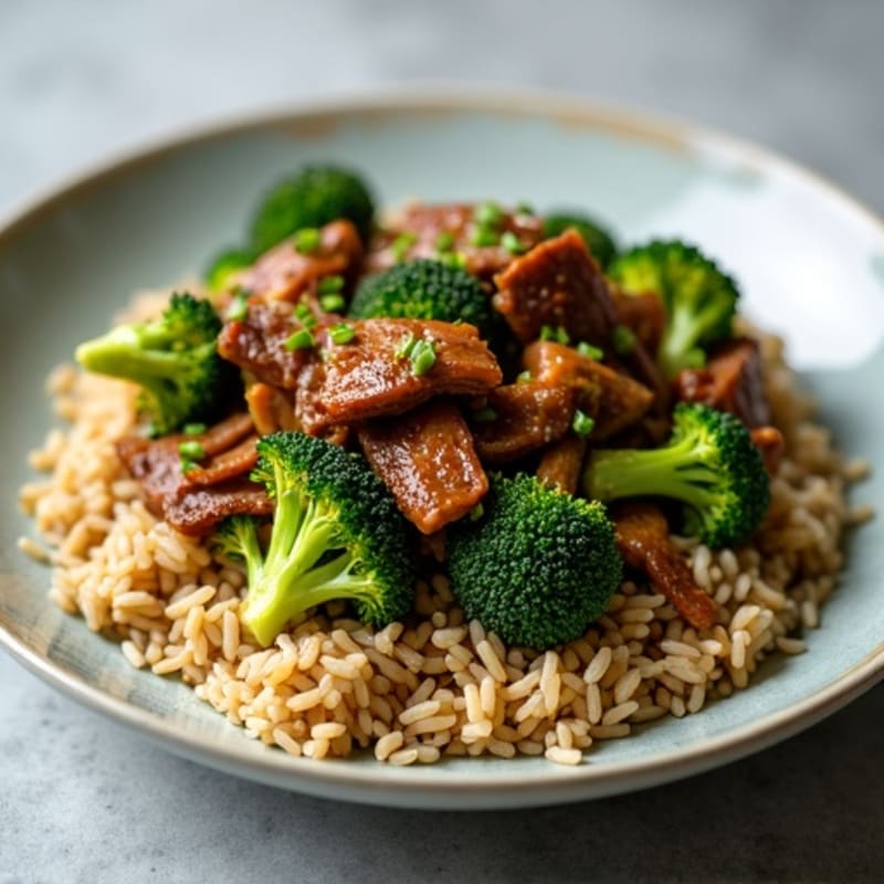 Garlic-Ginger Beef Stir-Fry with Crispy Broccoli and Brown Rice