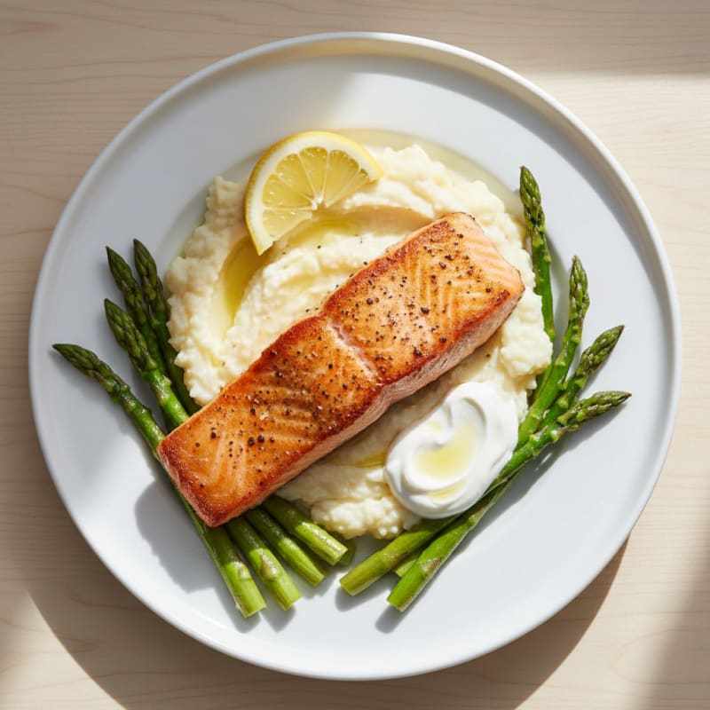 Seared Salmon with Roasted Asparagus and Cauliflower Mash