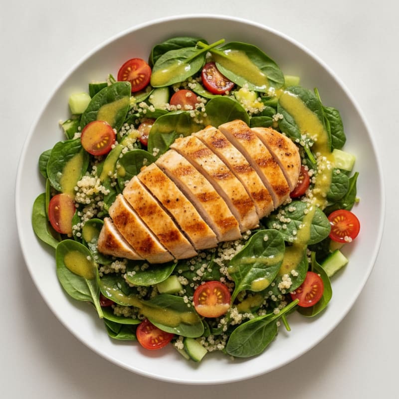 Grilled Chicken Breast with Quinoa Spinach Salad and Lemon Vinaigrette