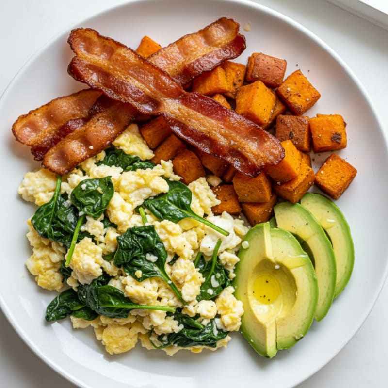 Crispy Turkey Bacon and Egg White Scramble with Spinach and Sweet Potato