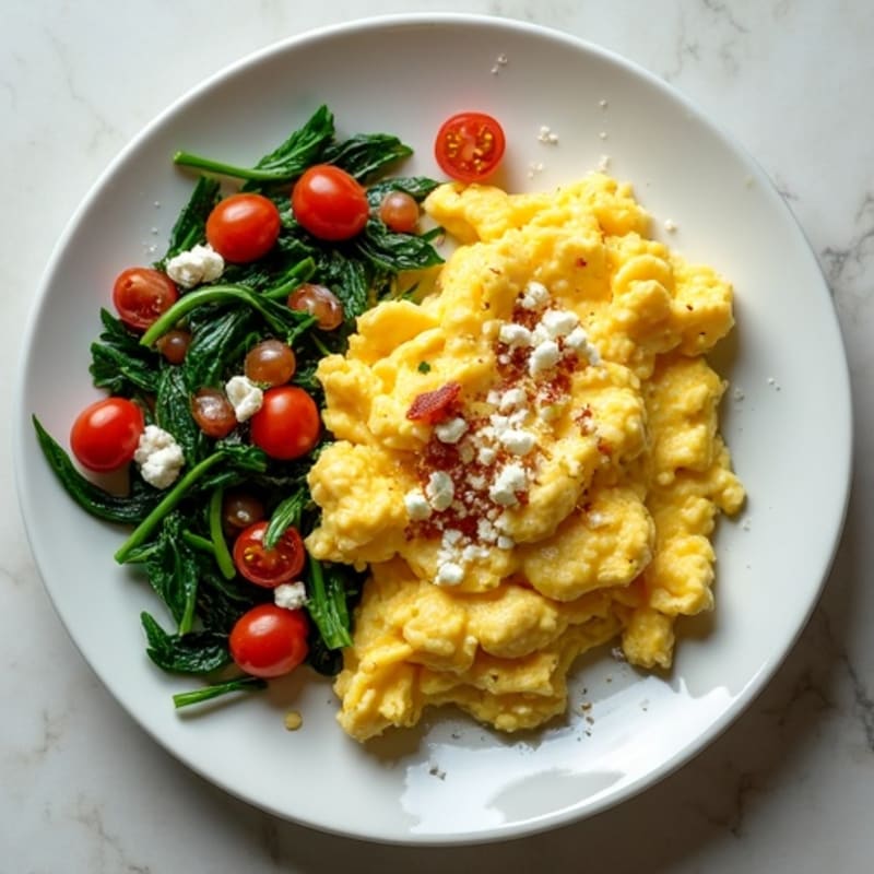 Creamy Scrambled Eggs with Sautéed Spinach and Cherry Tomatoes