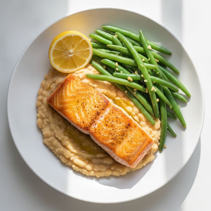 Seared Salmon with Creamy White Bean Mash and Sautéed Green Beans